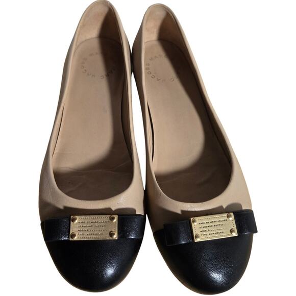 Marc Jacobs Ballet Flats Preppy Bow Black Tan 36 5.5 6 Classic Capsule Leather - Picture 1 of 8